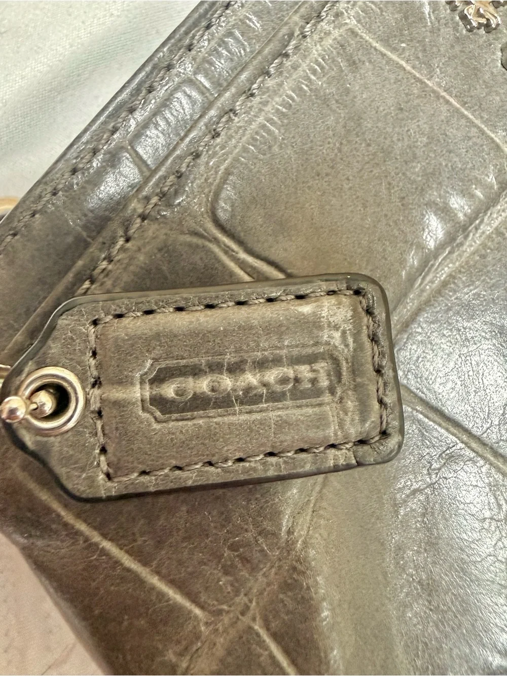Coach Gray Croc-Embossed Leather Wristlet Pouch
